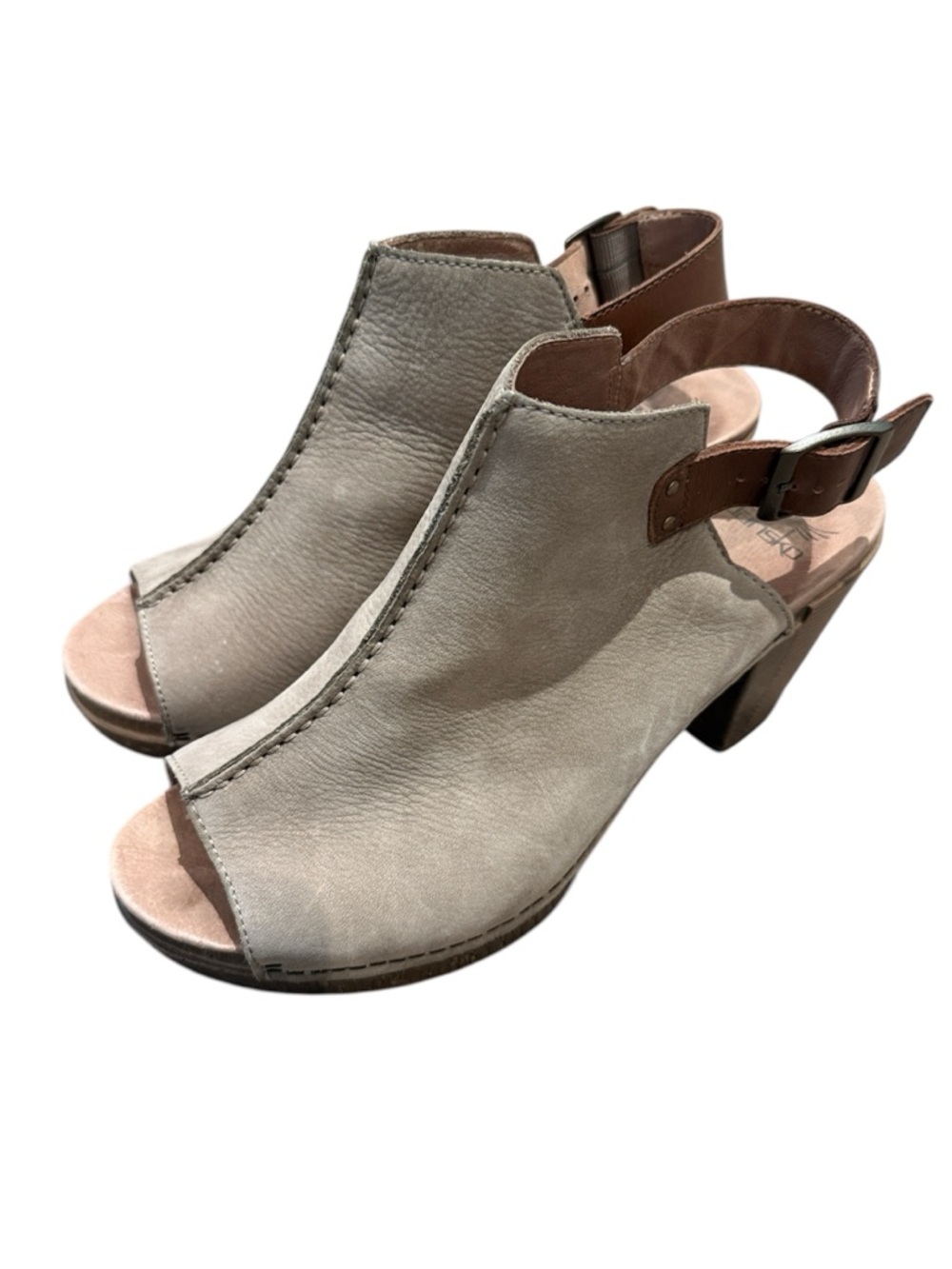 Dansko Women's Reggie Peep Toe Taupe Nubuck Healed Sandals size 42